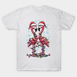 Festive Flamingos Tangled in Christmas Lights T-Shirt